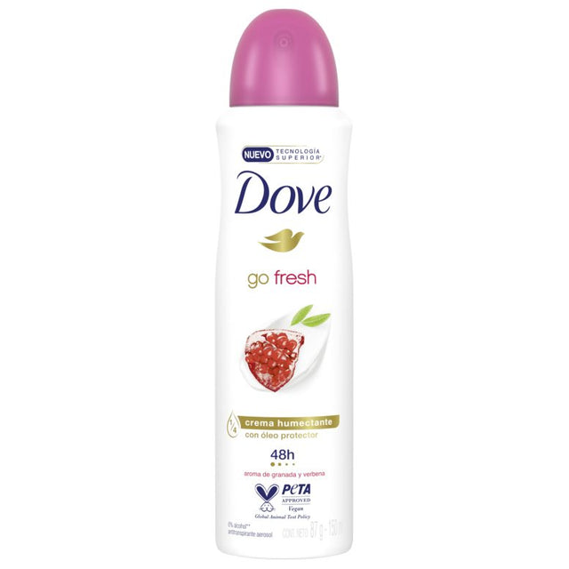 Antiperspirant deodorant spray Dove Go Fresh Rodie și Lămâie, 150 ml, flacon alb cu accente roșii, vedere frontală