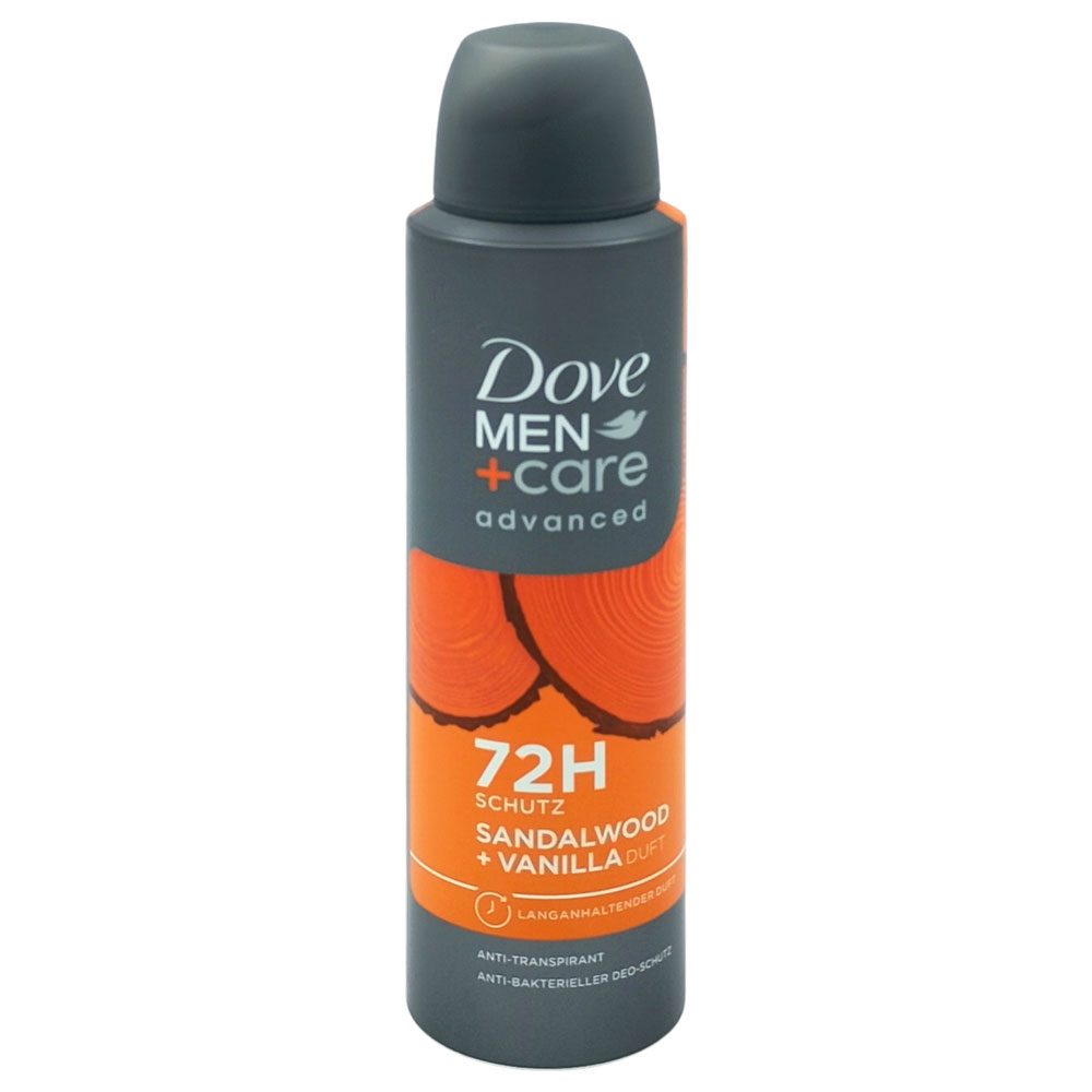 Antiperspirant spray Dove Men Advanced Care Sandalwood Vanilla 150 ml, vedere frontală, flacon argintiu