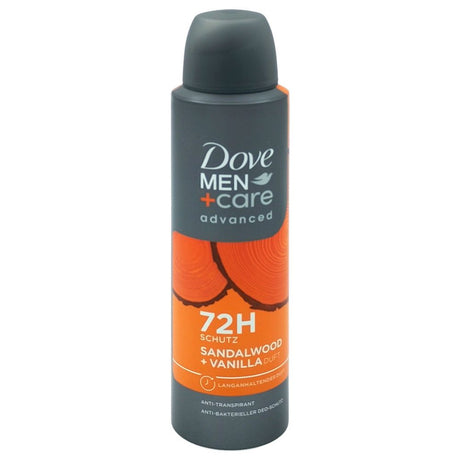 Antiperspirant spray Dove Men Advanced Care Sandalwood Vanilla 150 ml, vedere frontală, flacon argintiu