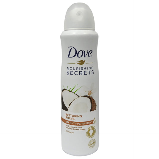 Antiperspirant spray Dove Restoring Ritual Cocos și Iasomie, flacon 150 ml, vedere frontală