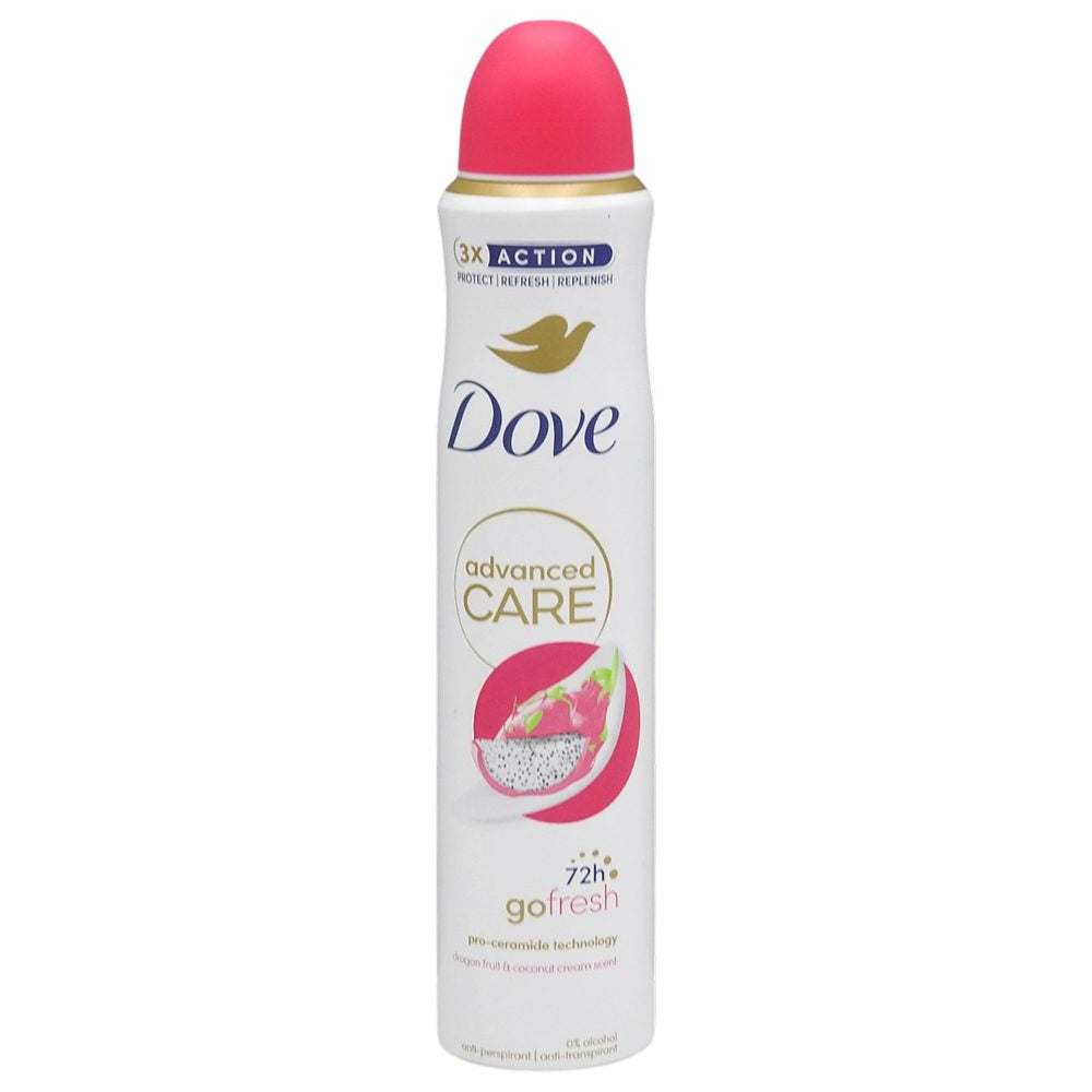 Antiperspirant spray Dove Advanced Care Dragon Fruit și Cocos 200 ml, vedere frontală, protecție 48h