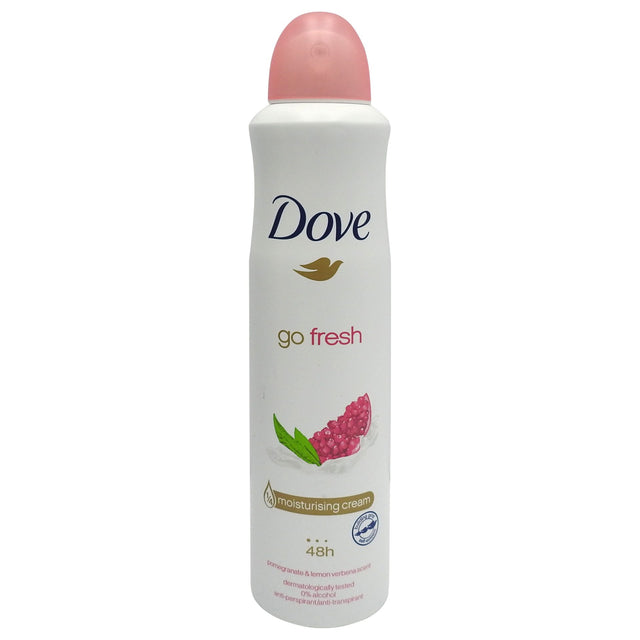 Antiperspirant spray Dove Go Fresh Rodie și Lemongrass 250 ml, vedere frontală flacon albastru