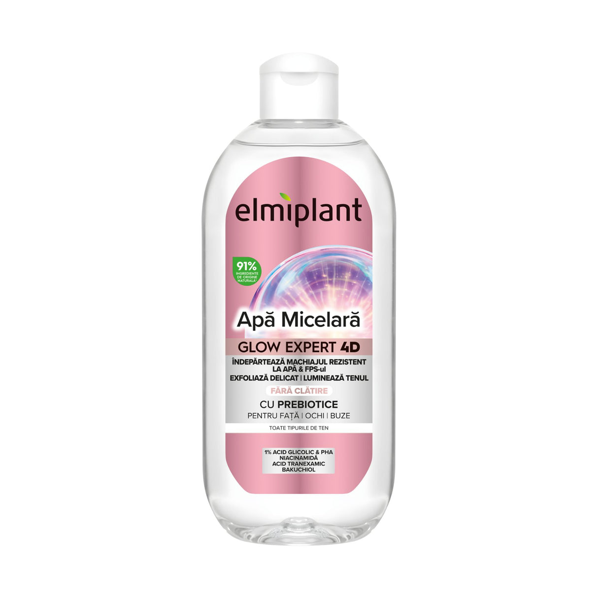 Apa Micelara Iluminatoare, Elmiplant, Glow Expert 4D, Pentru Fata, Ochi si Buze, cu Prebiotice, 400 ml - vivimall.ro