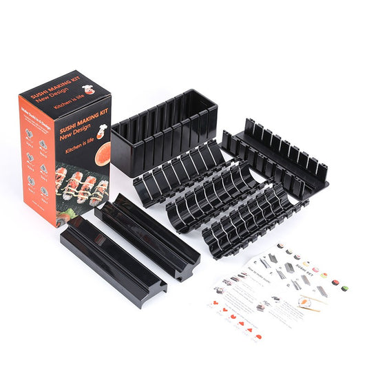 Aparat pentru Sushi, Vivimall, Set 7 Accesorii pentru Sushi, Ofera 3 Forme de Design, Rotund, Triunghi, Inimioare, Negru - vivimall.ro