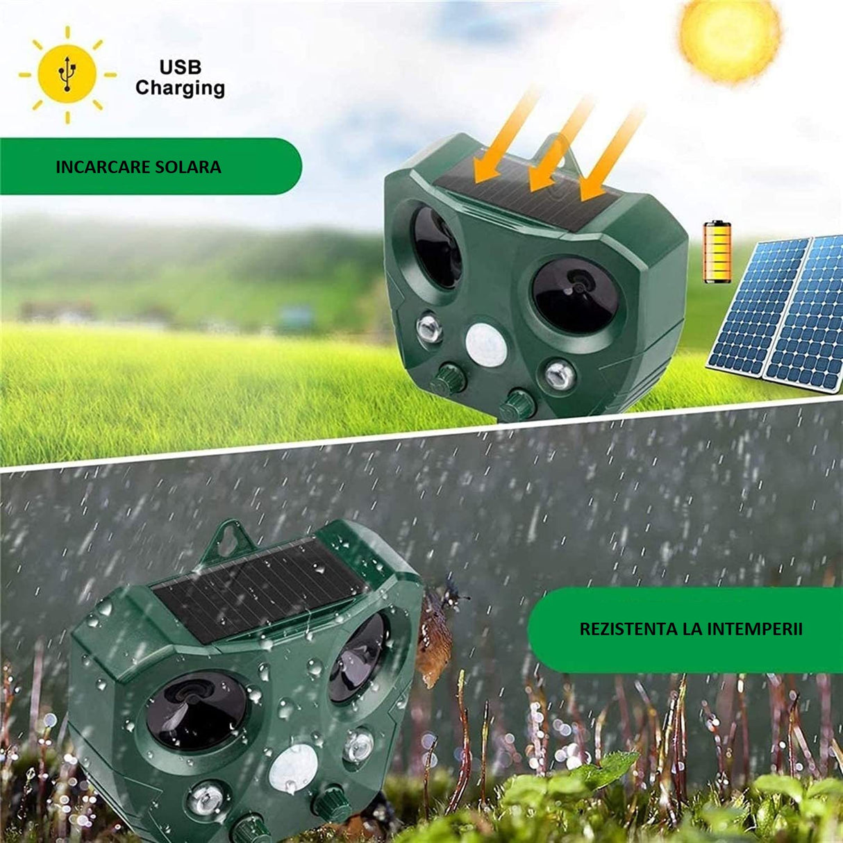 Aparat Solar Led Cu Ultrasunete, Repelent Pentru Animale Mari Si Mici, Lumina Rosie Si Alba, Anti Rozatoare, Anti Insecte, 15 X 14 X 24 Cm, Verde - vivimall.ro