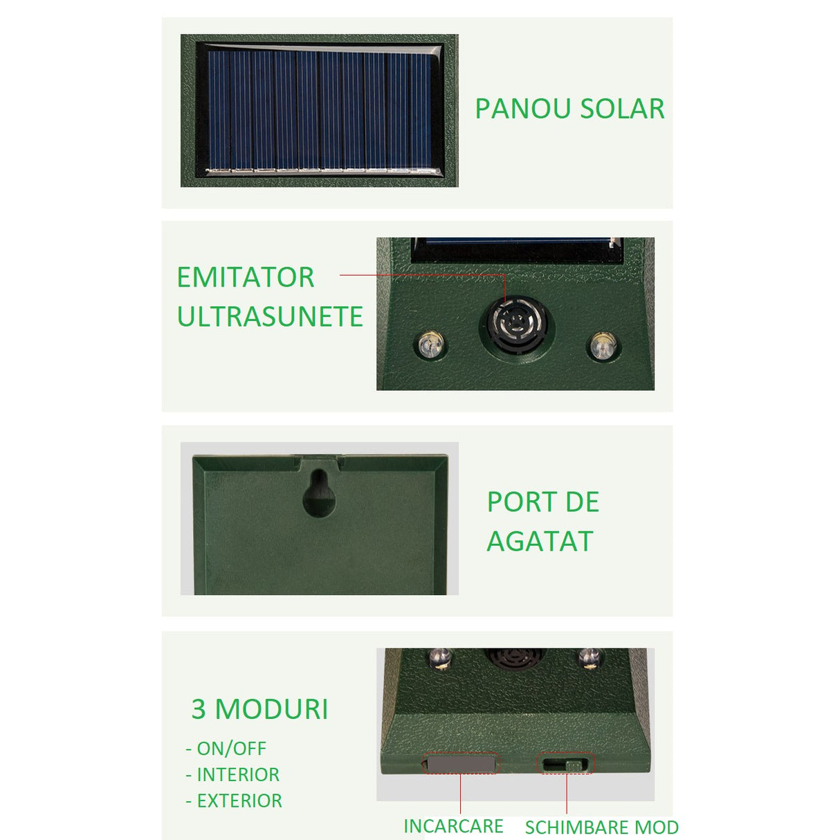 Aparat Solar Led Cu Ultrasunete, Repelent Pentru Animale Mari Si Mici, Lumina Rosie Si Alba, Anti Rozatoare, Anti Insecte, Frecventa 9-36.5Khz, 12 X 6.5 Cm, Verde - vivimall.ro