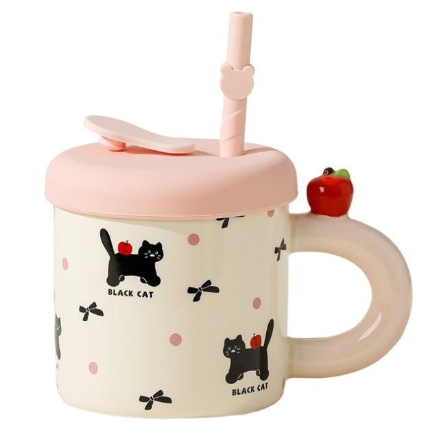 Cana din Ceramica cu Capac si Pai, Vivimall, Capacul si Paiul din Silicon Roz, 9x8.5 cm, Model Cute C, Capacitate 380ml - vivimall.ro