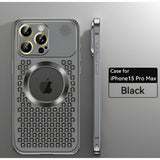 Husa MagSafe Aromaterapia Compatibila cu iPhone 15 Pro Max, Vivimall, Suport Magnetic, Antisoc, Antizgariere, Protectie Camera si Supraincalzire, din Aliaj de Aluminiu, Negru - vivimall.ro