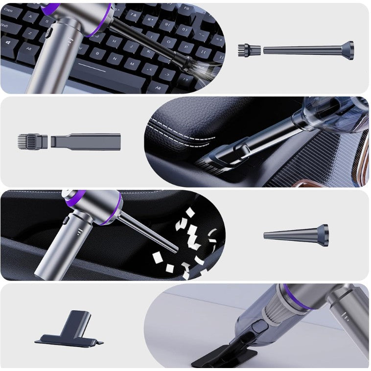 Aspirator Portabil Auto, Vivimall, pentru Casa si Masina, 3 Viteze, Incarcator Tip-C cu Incarcare Rapida, Tub Prelungitor, 2000mAh, 7 Capete de Aspirare si Suflare, 21x20x6.5 cm, Argintiu Mov - vivimall.ro