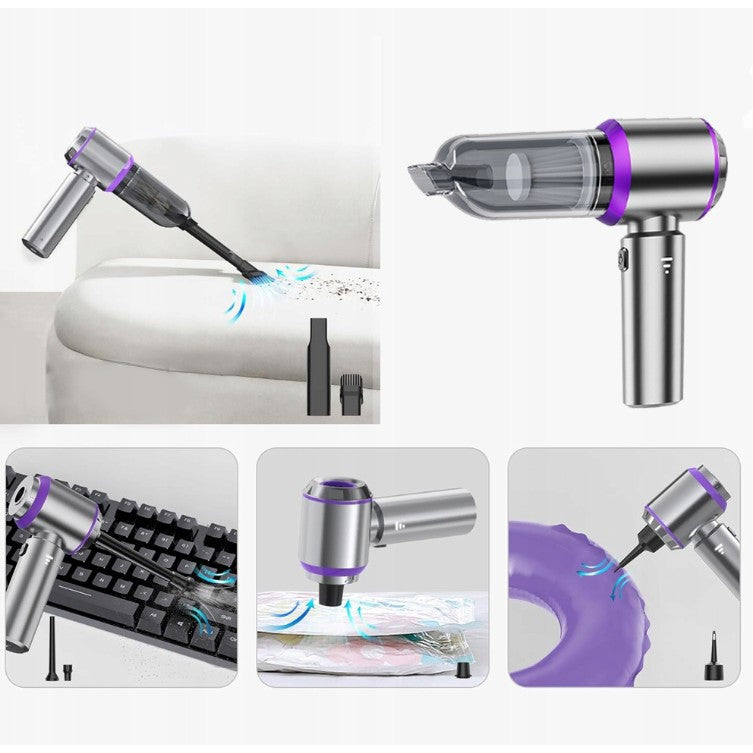 Aspirator Portabil Auto, Vivimall, pentru Casa si Masina, 3 Viteze, Incarcator Tip-C cu Incarcare Rapida, Tub Prelungitor, 2000mAh, 7 Capete de Aspirare si Suflare, 21x20x6.5 cm, Argintiu Mov - vivimall.ro