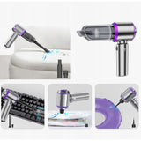 Aspirator Portabil Auto, Vivimall, pentru Casa si Masina, 3 Viteze, Incarcator Tip-C cu Incarcare Rapida, Tub Prelungitor, 2000mAh, 7 Capete de Aspirare si Suflare, 21x20x6.5 cm, Argintiu Mov - vivimall.ro