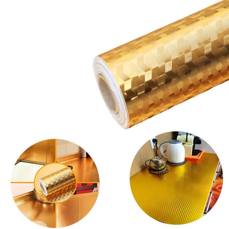 Autocolant de Bucatarie, Vivimall, Autoadeziv, Impermeabil, Rezistent la Temperaturi Ridicate, din PVC, 60 x 100 cm, Model Cub 3D, Auriu - vivimall.ro