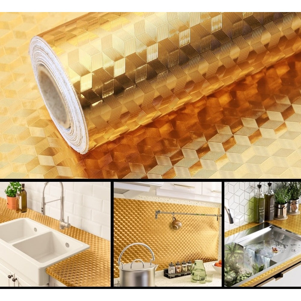 Autocolant de Bucatarie, Vivimall, Autoadeziv, Impermeabil, Rezistent la Temperaturi Ridicate, din PVC, 60 x 100 cm, Model Cub 3D, Auriu - vivimall.ro
