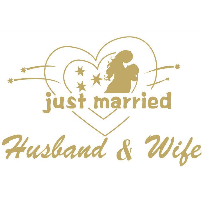 Sticker Autocolant, Vivimall, Tematica Nunta, Model Indragostiti, cu Scris Just Married Husband&Wife, 21x29 cm, Auriu - vivimall.ro