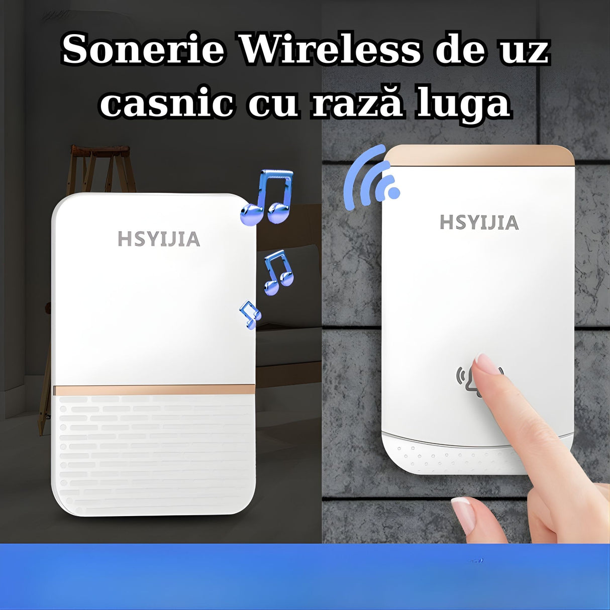 Receptor sonerie Flippy alb/auriu conectat la priză 220V, vedere laterală