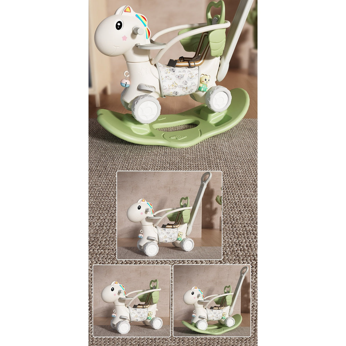 Balansoar pentru Copii, Vivimall, 3in1, cu Spatar si Bara de Siguranta, Maner cu Cos de Basket, Tava de Masa, 80 x 43 x 83 cm, din Plastic, + 3 Ani, Verde - vivimall.ro