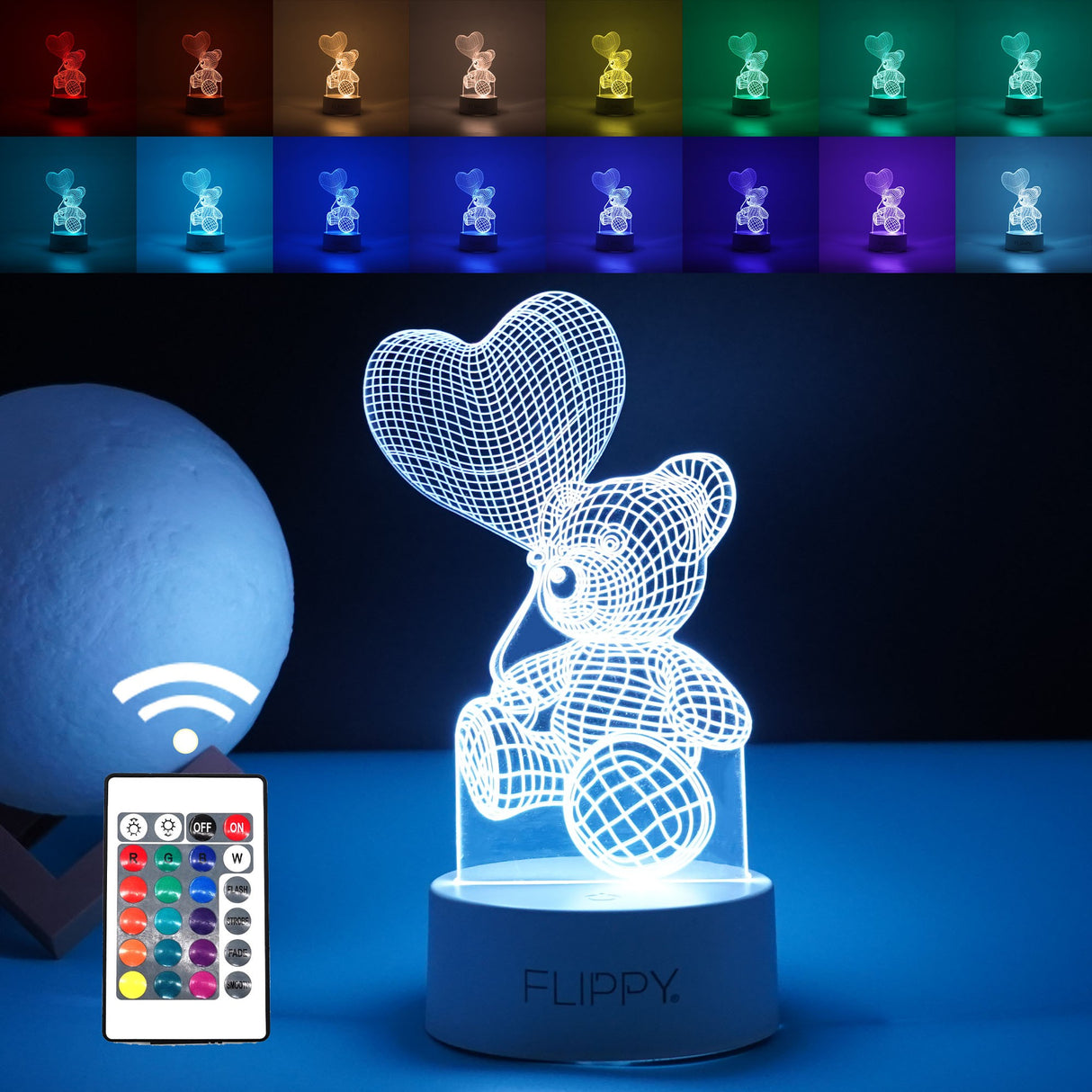 Lampa LED decorativa, Vivimall, 3D, Ursulet cu balon inima, cu telecomanda, doua moduri de alimentare USB si baterii, 20 cm inaltime, din material acril si lumina multicolora, alb - vivimall.ro