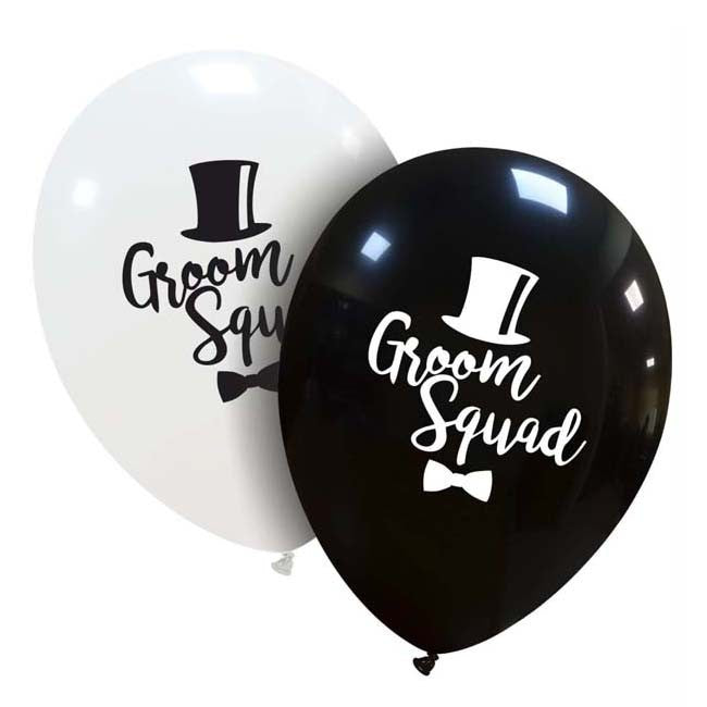 Set 10 baloane latex alb și negru pentru echipa mirelui, diametru 25 cm, cu mesaj dedicat, vedere frontală