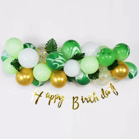 Baloane decorative din Latex si Banner Happy Birthday, Vivimall, Model Aniversare, Set 37 de Piese, Verde, Auriu, Alb - vivimall.ro