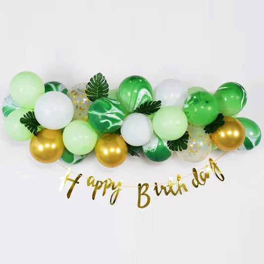 Baloane decorative din Latex si Banner Happy Birthday, Vivimall, Model Aniversare, Set 37 de Piese, Verde, Auriu, Alb - vivimall.ro