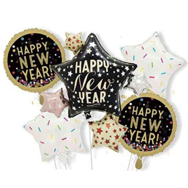 Baloane pentru aniversare, Vivimall, tematica Happy New Year, set 9 baloane, 1 Stea Mare 83 x 90 cm, 6 stele, 2 rotunde, din folie de aluminiu, pai de carton inclus, Negru - vivimall.ro