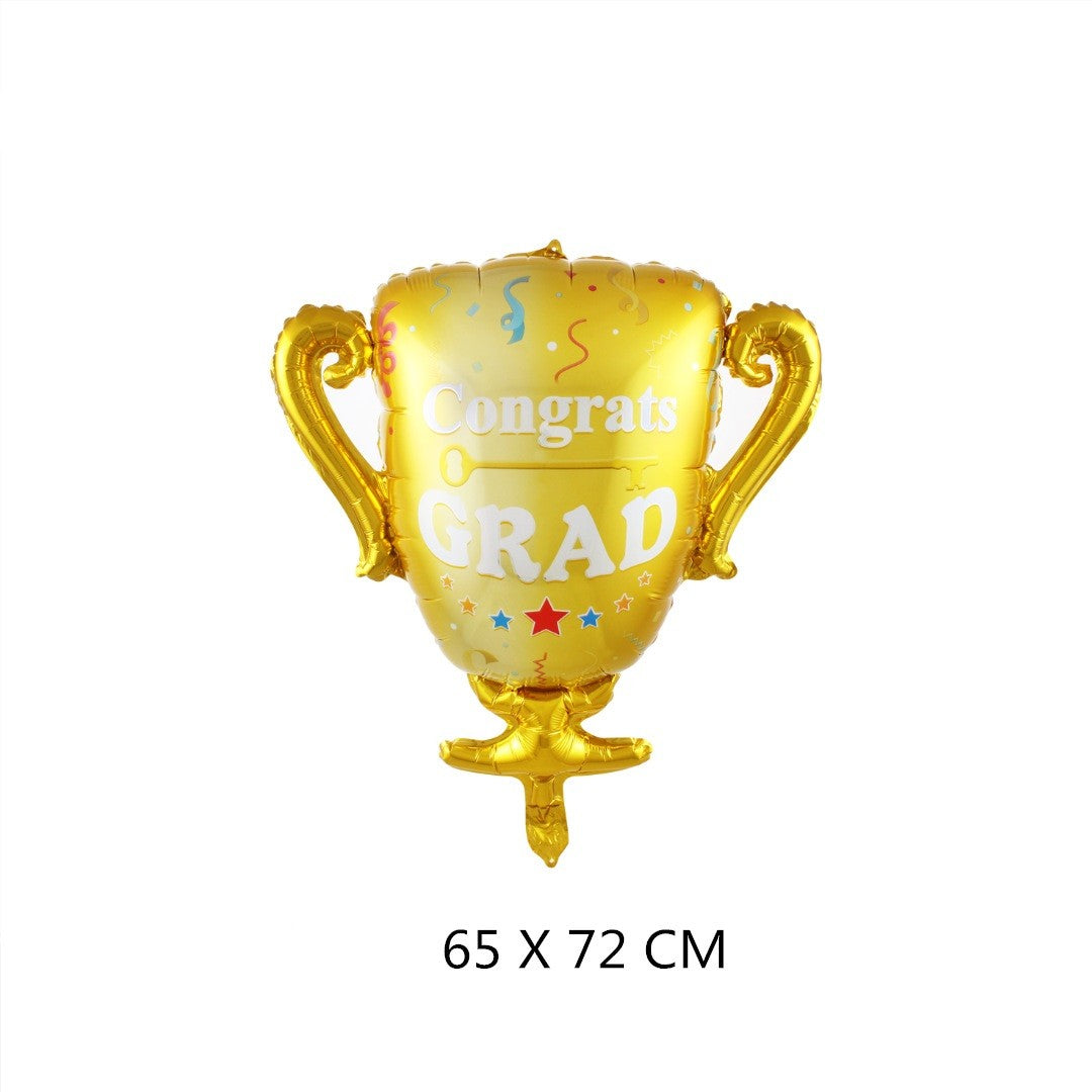 Balon din Folie Metalizata, Vivimall, Figurina Cupa, Tema Absolvire, 65x72cm, Ambalaj Individual, Pai Inclus, Umflare cu Aer sau Heliu, Galben - vivimall.ro