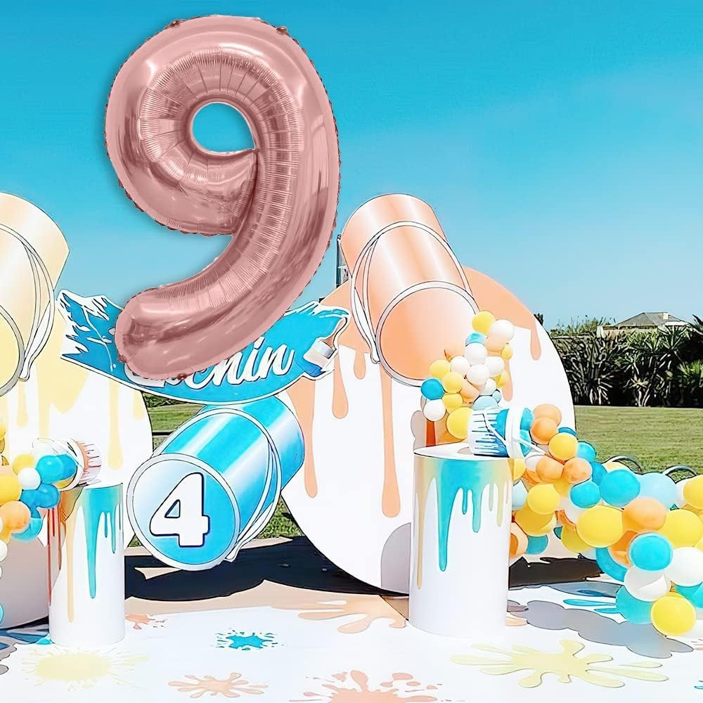 Balon din Folie Metalizata Vivimall, Figurina Cifra, Tema Aniversare 80 cm, Ambalaj Individual, Pai inclus, Umflare cu Aer sau Heliu, Rose Gold, Cifra 9 - vivimall.ro