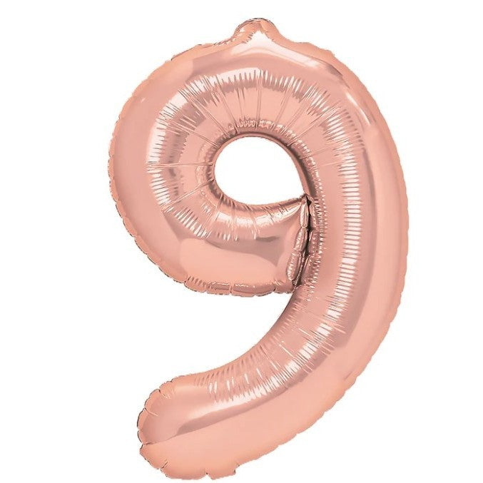 Balon din Folie Metalizata Vivimall, Figurina Cifra, Tema Aniversare 80 cm, Ambalaj Individual, Pai inclus, Umflare cu Aer sau Heliu, Rose Gold, Cifra 9 - vivimall.ro