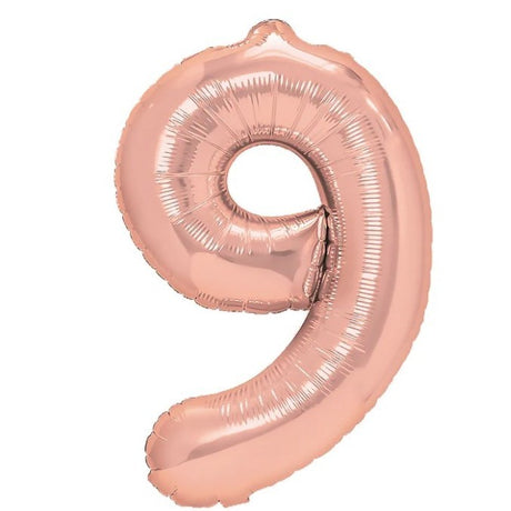 Balon din Folie Metalizata Vivimall, Figurina Cifra, Tema Aniversare 80 cm, Ambalaj Individual, Pai inclus, Umflare cu Aer sau Heliu, Rose Gold, Cifra 9 - vivimall.ro