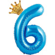 Balon folie metalizată albastru cifra 6 cu coroană, 100 cm, vedere frontală