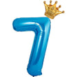 Balon folie metalizată cifra 7 cu coroană, culoare albastru, 100 cm, vedere frontală