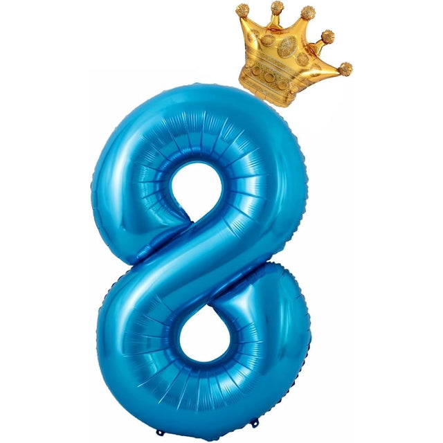 Balon din Folie Metalizata Vivimall, Figurina Cifra si Coroana, Tema Aniversare 100 cm, Ambalaj Individual, Pai inclus, Umflare cu Aer sau Heliu, Albastru, Cifra 8 - vivimall.ro