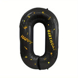 Balon din Folie Metalizata Vivimall, Figurina Cifra si Coroana, Scris Happy Birthday, Tema Aniversare 100 cm, Ambalaj Individual, Pai inclus, Umflare cu Aer sau Heliu, Negru, Cifra 0 - vivimall.ro