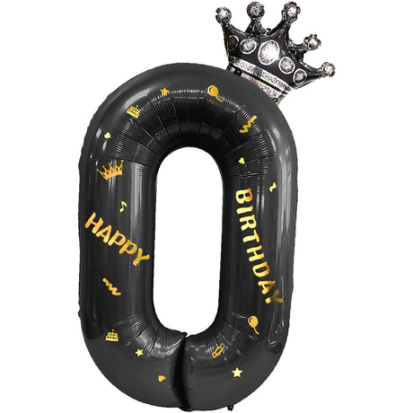 Balon din Folie Metalizata Vivimall, Figurina Cifra si Coroana, Scris Happy Birthday, Tema Aniversare 100 cm, Ambalaj Individual, Pai inclus, Umflare cu Aer sau Heliu, Negru, Cifra 0 - vivimall.ro