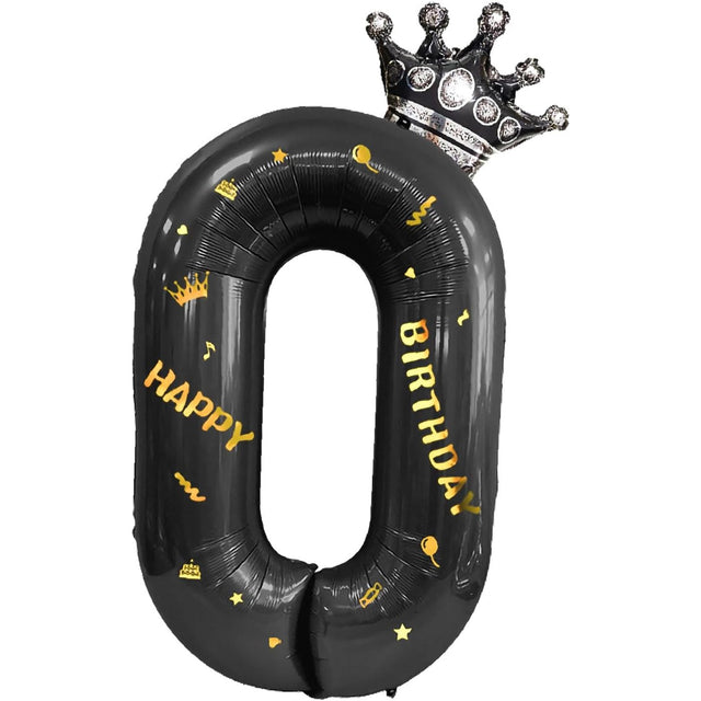 Balon din Folie Metalizata Vivimall, Figurina Cifra si Coroana, Scris Happy Birthday, Tema Aniversare 100 cm, Ambalaj Individual, Pai inclus, Umflare cu Aer sau Heliu, Negru, Cifra 0 - vivimall.ro