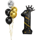 Balon din Folie Metalizata Vivimall, Figurina Cifra si Coroana, Scris Happy Birthday, Tema Aniversare 100 cm, Ambalaj Individual, Pai inclus, Umflare cu Aer sau Heliu, Negru, Cifra 1 - vivimall.ro