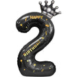 Balon folie metalizată cifra 2 negru cu coroană și inscripție Happy Birthday, 100 cm, vedere frontală