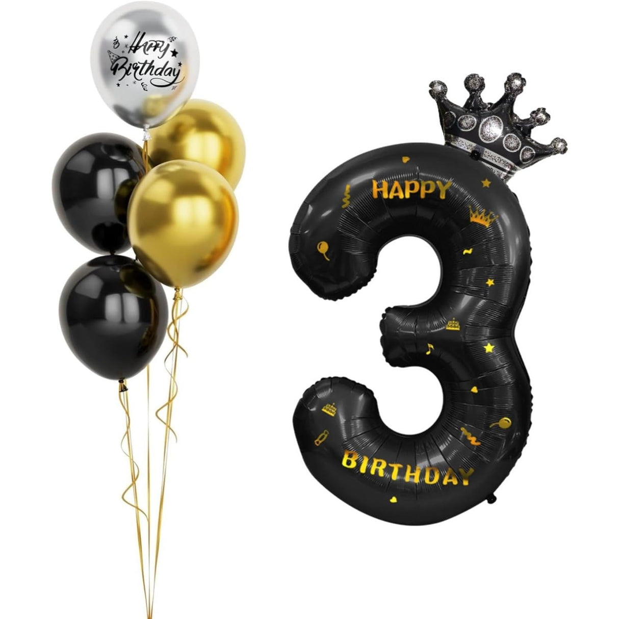 Balon din Folie Metalizata Vivimall, Figurina Cifra si Coroana, Scris Happy Birthday, Tema Aniversare 100 cm, Ambalaj Individual, Pai inclus, Umflare cu Aer sau Heliu, Negru, Cifra 3 - vivimall.ro
