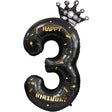 Balon din Folie Metalizata Vivimall, Figurina Cifra si Coroana, Scris Happy Birthday, Tema Aniversare 100 cm, Ambalaj Individual, Pai inclus, Umflare cu Aer sau Heliu, Negru, Cifra 3 - vivimall.ro