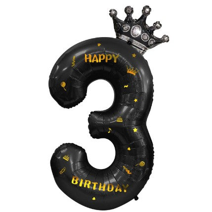Balon din Folie Metalizata Vivimall, Figurina Cifra si Coroana, Scris Happy Birthday, Tema Aniversare 100 cm, Ambalaj Individual, Pai inclus, Umflare cu Aer sau Heliu, Negru, Cifra 3 - vivimall.ro