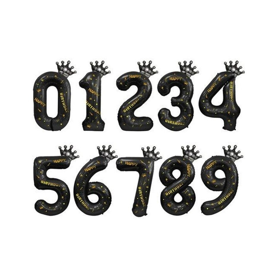 Balon din Folie Metalizata Vivimall, Figurina Cifra si Coroana, Scris Happy Birthday, Tema Aniversare 100 cm, Ambalaj Individual, Pai inclus, Umflare cu Aer sau Heliu, Negru, Cifra 4 - vivimall.ro