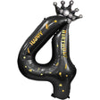 Balon folie metalizată cifra 4 cu coroană, negru, 100 cm, inscripție Happy Birthday, vedere frontală
