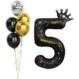 Balon din Folie Metalizata Vivimall, Figurina Cifra si Coroana, Scris Happy Birthday, Tema Aniversare 100 cm, Ambalaj Individual, Pai inclus, Umflare cu Aer sau Heliu, Negru, Cifra 5 - vivimall.ro