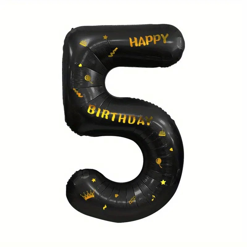 Balon din Folie Metalizata Vivimall, Figurina Cifra si Coroana, Scris Happy Birthday, Tema Aniversare 100 cm, Ambalaj Individual, Pai inclus, Umflare cu Aer sau Heliu, Negru, Cifra 5 - vivimall.ro