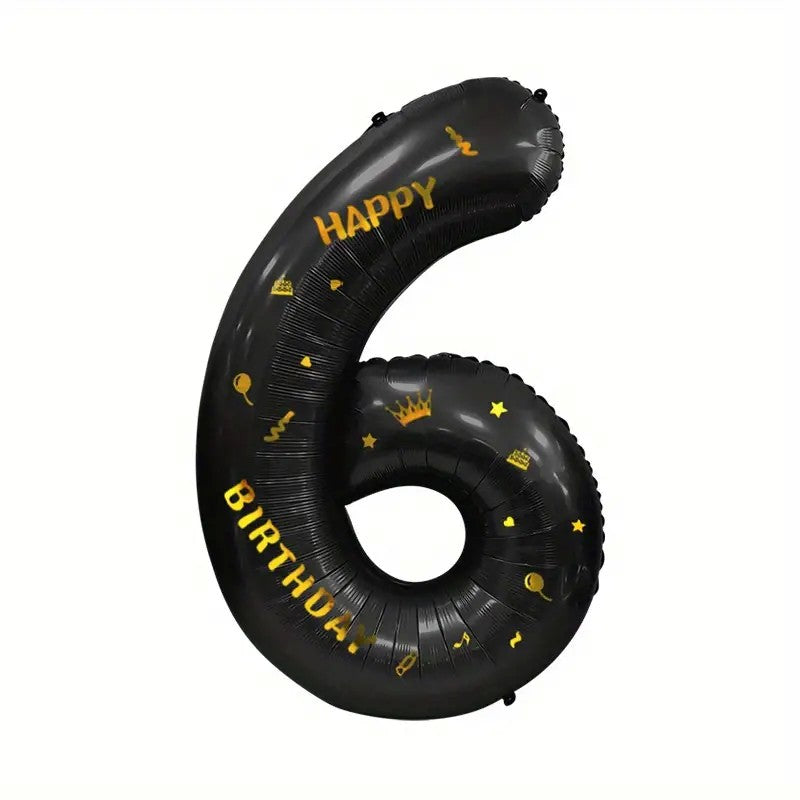 Balon din Folie Metalizata Vivimall, Figurina Cifra si Coroana, Scris Happy Birthday, Tema Aniversare 100 cm, Ambalaj Individual, Pai inclus, Umflare cu Aer sau Heliu, Negru, Cifra 6 - vivimall.ro