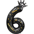 Balon folie metalizată cifra 6 negru cu coroană și mesaj Happy Birthday, 100 cm, vedere frontală