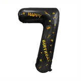 Balon din Folie Metalizata Vivimall, Figurina Cifra si Coroana, Scris Happy Birthday, Tema Aniversare 100 cm, Ambalaj Individual, Pai inclus, Umflare cu Aer sau Heliu, Negru, Cifra 7 - vivimall.ro