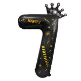 Balon din Folie Metalizata Vivimall, Figurina Cifra si Coroana, Scris Happy Birthday, Tema Aniversare 100 cm, Ambalaj Individual, Pai inclus, Umflare cu Aer sau Heliu, Negru, Cifra 7 - vivimall.ro