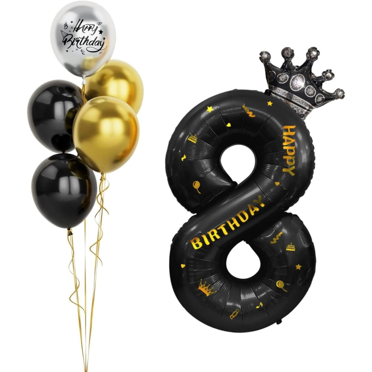 Balon din Folie Metalizata Vivimall, Figurina Cifra si Coroana, Scris Happy Birthday, Tema Aniversare 100 cm, Ambalaj Individual, Pai inclus, Umflare cu Aer sau Heliu, Negru, Cifra 8 - vivimall.ro