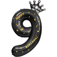Balon folie metalizată cifra 9 cu coroană, negru, 100 cm, inscripție Happy Birthday, vedere frontală
